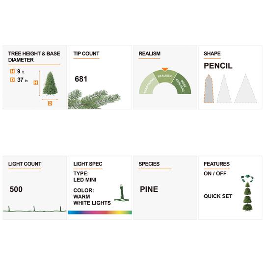 9ft. Pre-Lit Flocked Pine Pencil Artificial Christmas Tree, Warm White LED Lights